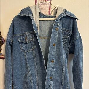 Blue Denim Jacket with Gray Hood